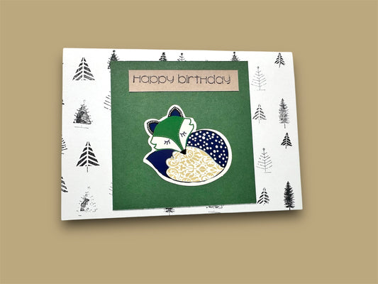 Happy birthday fox greeting card.