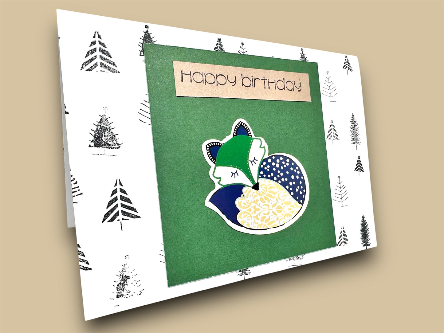 Happy birthday fox greeting card.