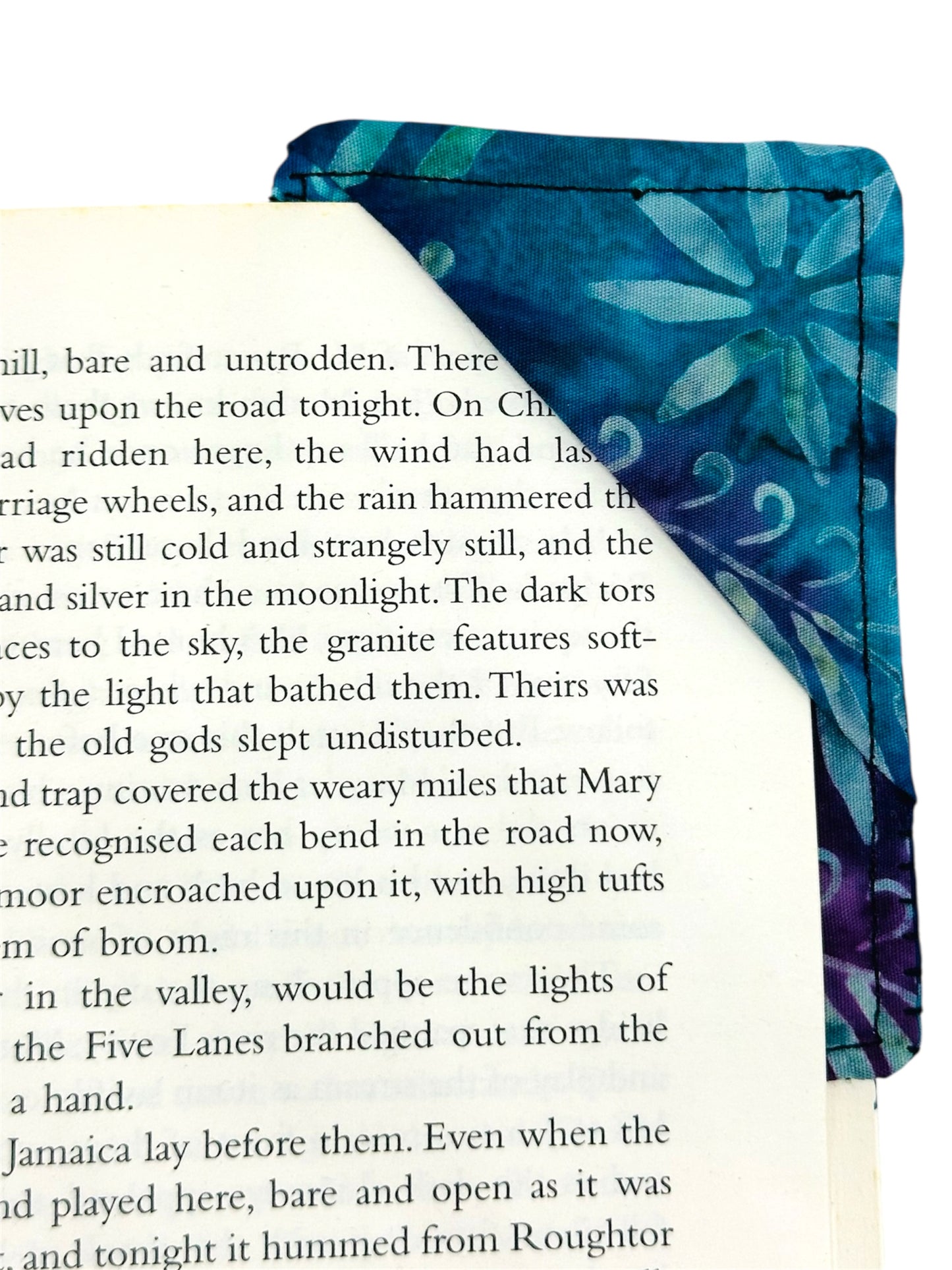 Fabric bookmark - purple and blue batik/tie dye style.