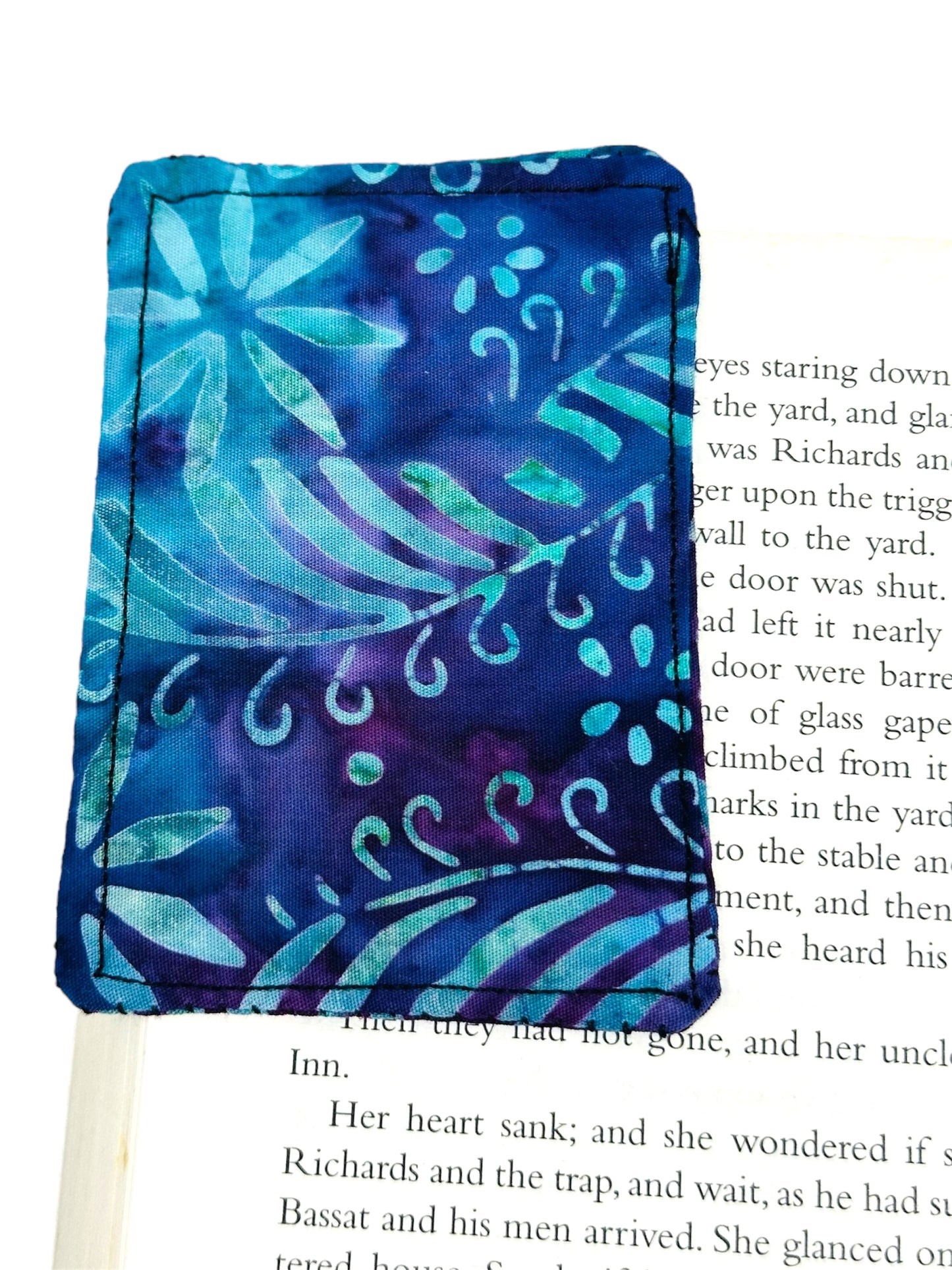 Fabric bookmark - purple and blue batik/tie dye style.