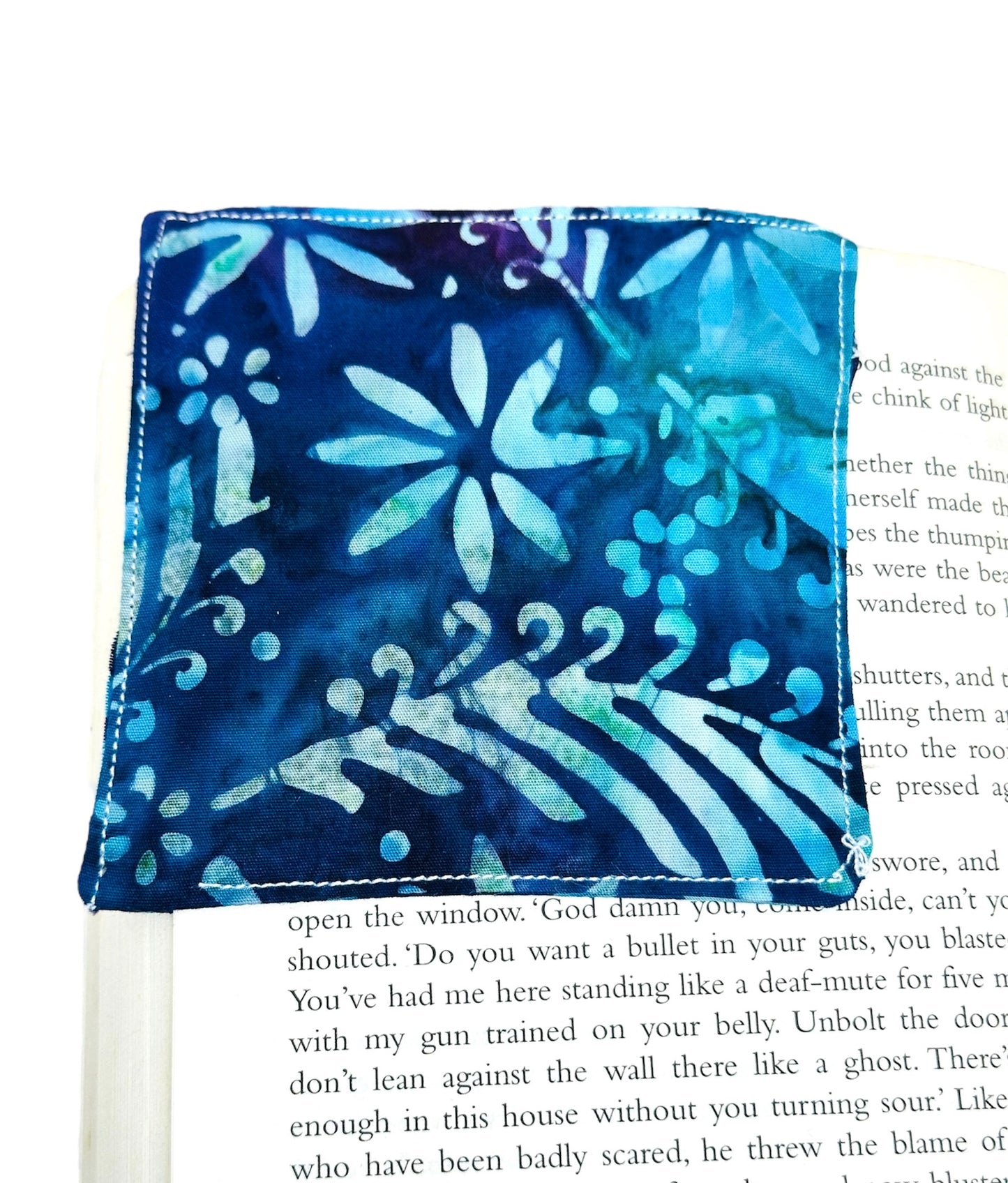 Fabric corner bookmark - blue and purple batik style.