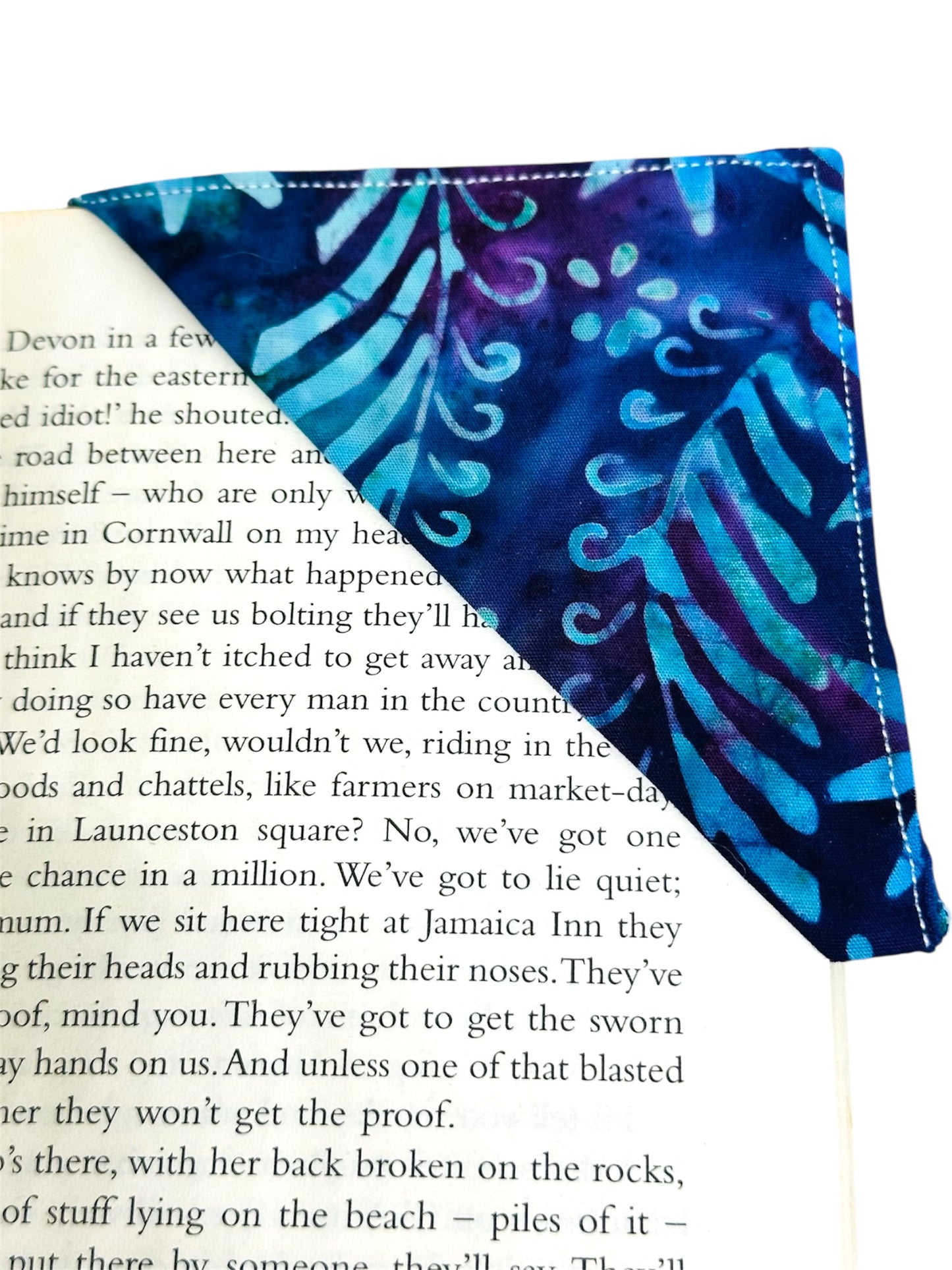 Fabric corner bookmark - blue and purple batik style.