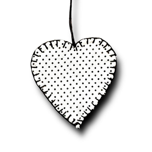 Hanging heart decoration - black and white polka dots.