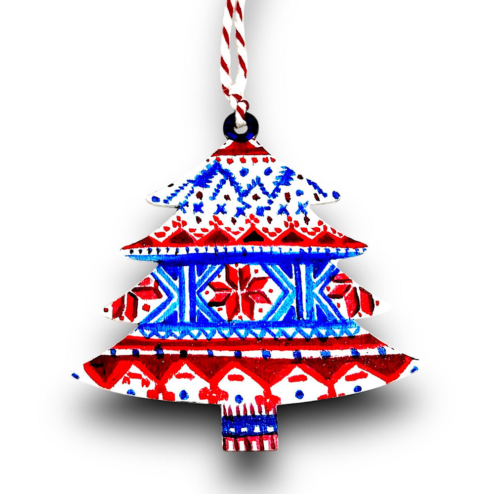Fairisle style wooden Christmas tree decoration.