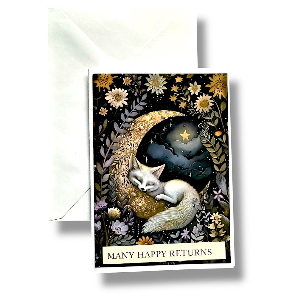 “Many happy returns” birthday card featuring a fox and moon.