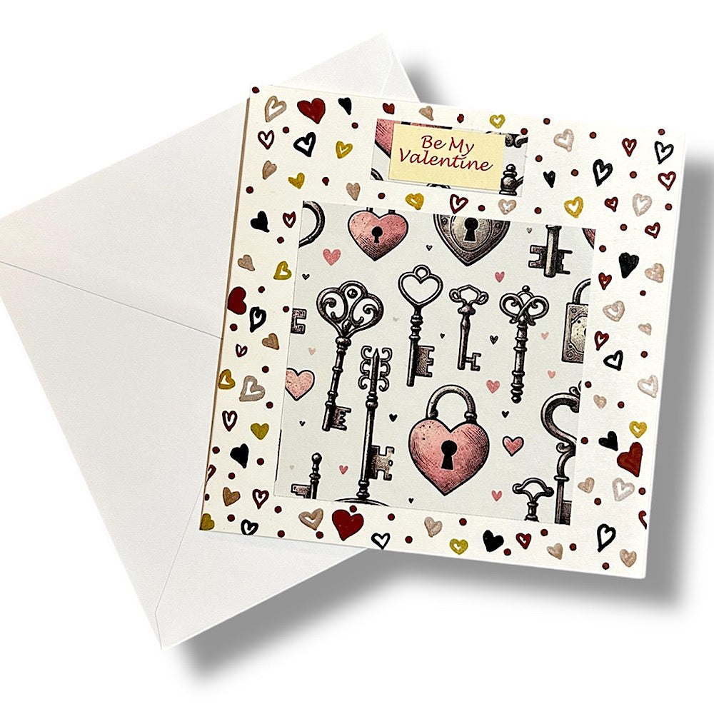 Unique “hearts and keys” handmade Valentine’s Day card.