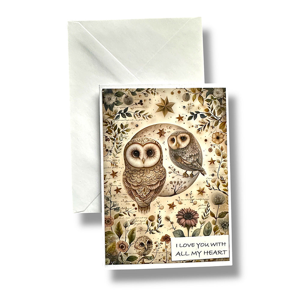 “I love you with all my heart” owl greeting card.