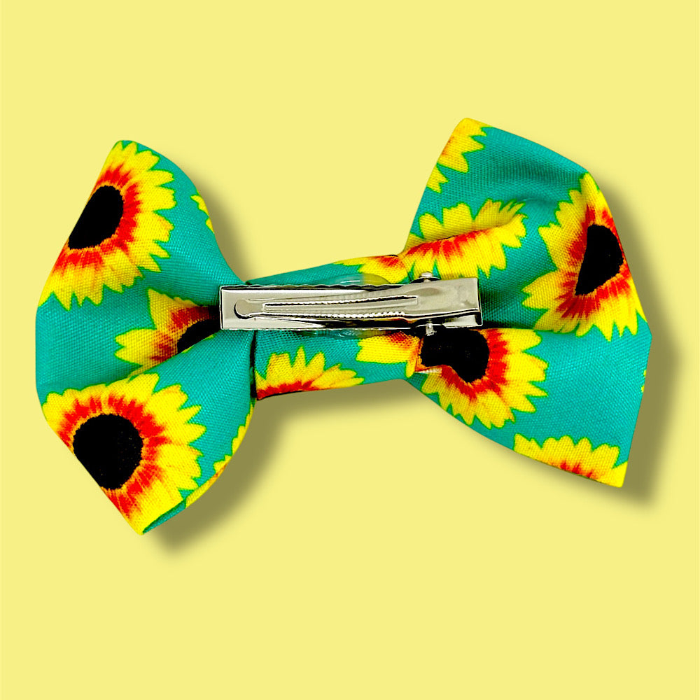 Handmade sunflower hair bow.