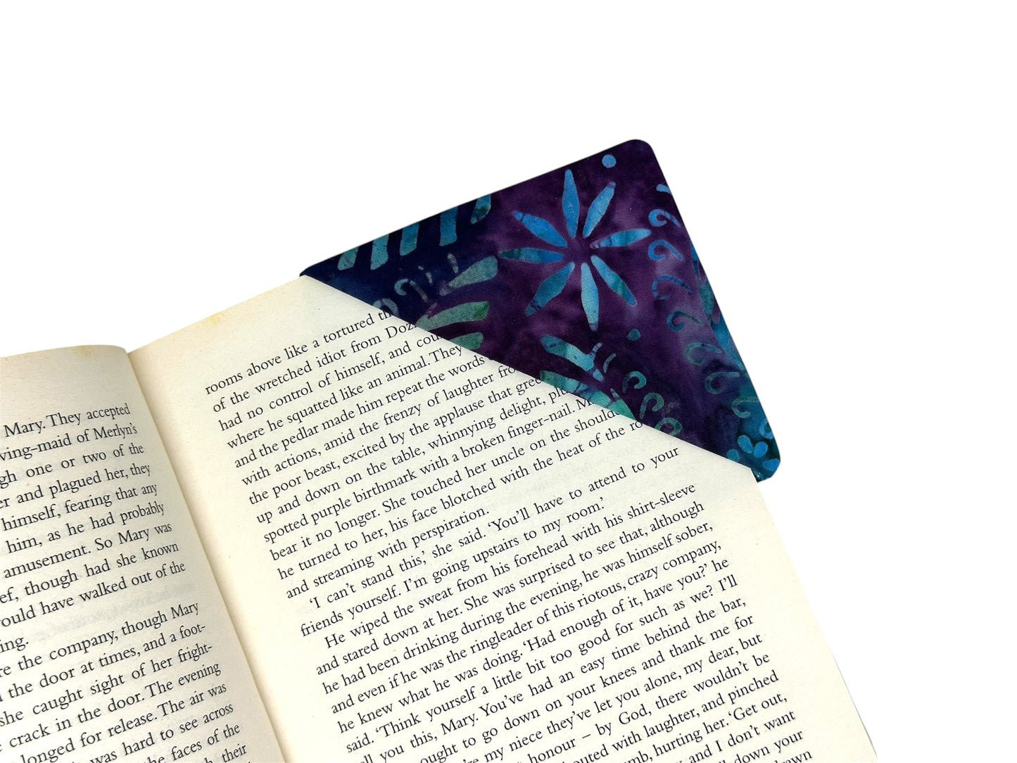 Tie-die, batik style fabric corner bookmark.