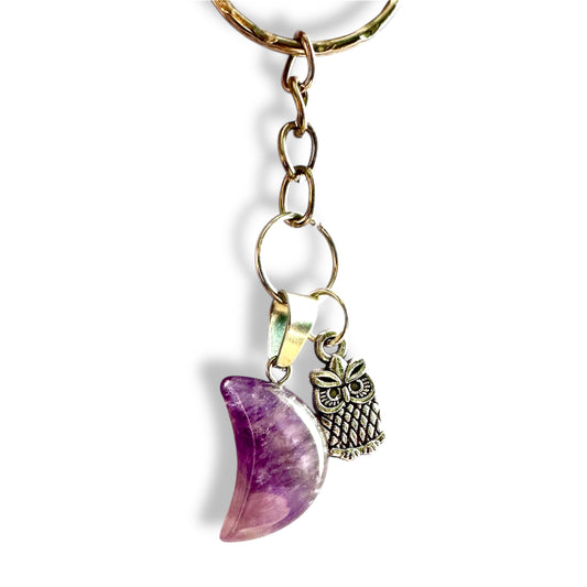 Owl and moon keyring - amethyst