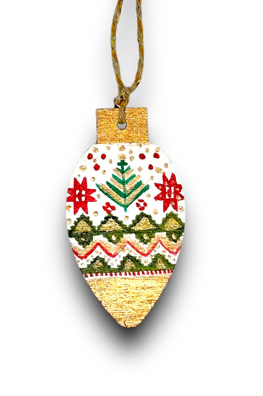 Fairisle style wooden Christmas tree decoration.