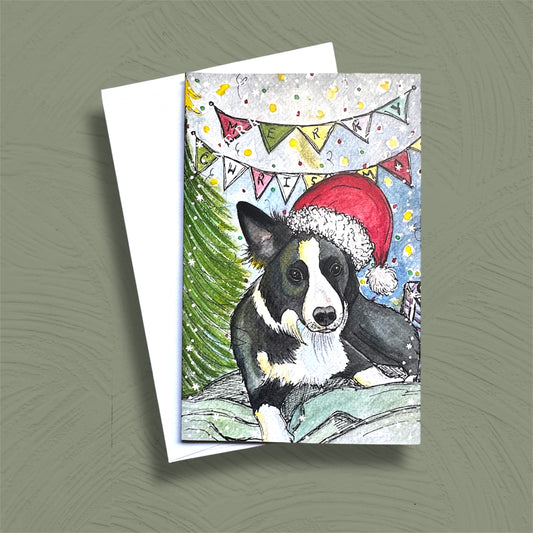 Border collie dog Christmas card.