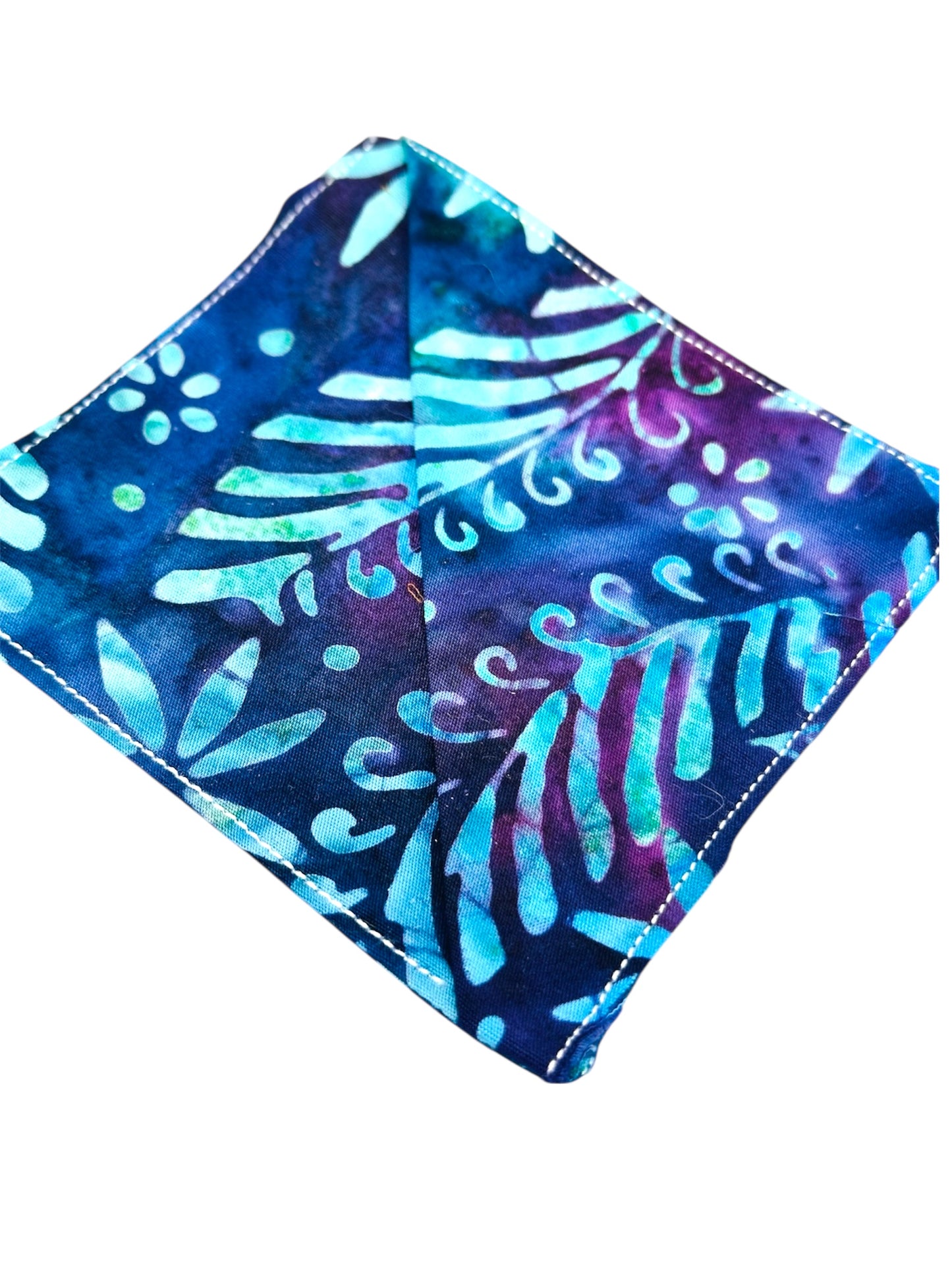 Fabric corner bookmark - blue and purple batik style.