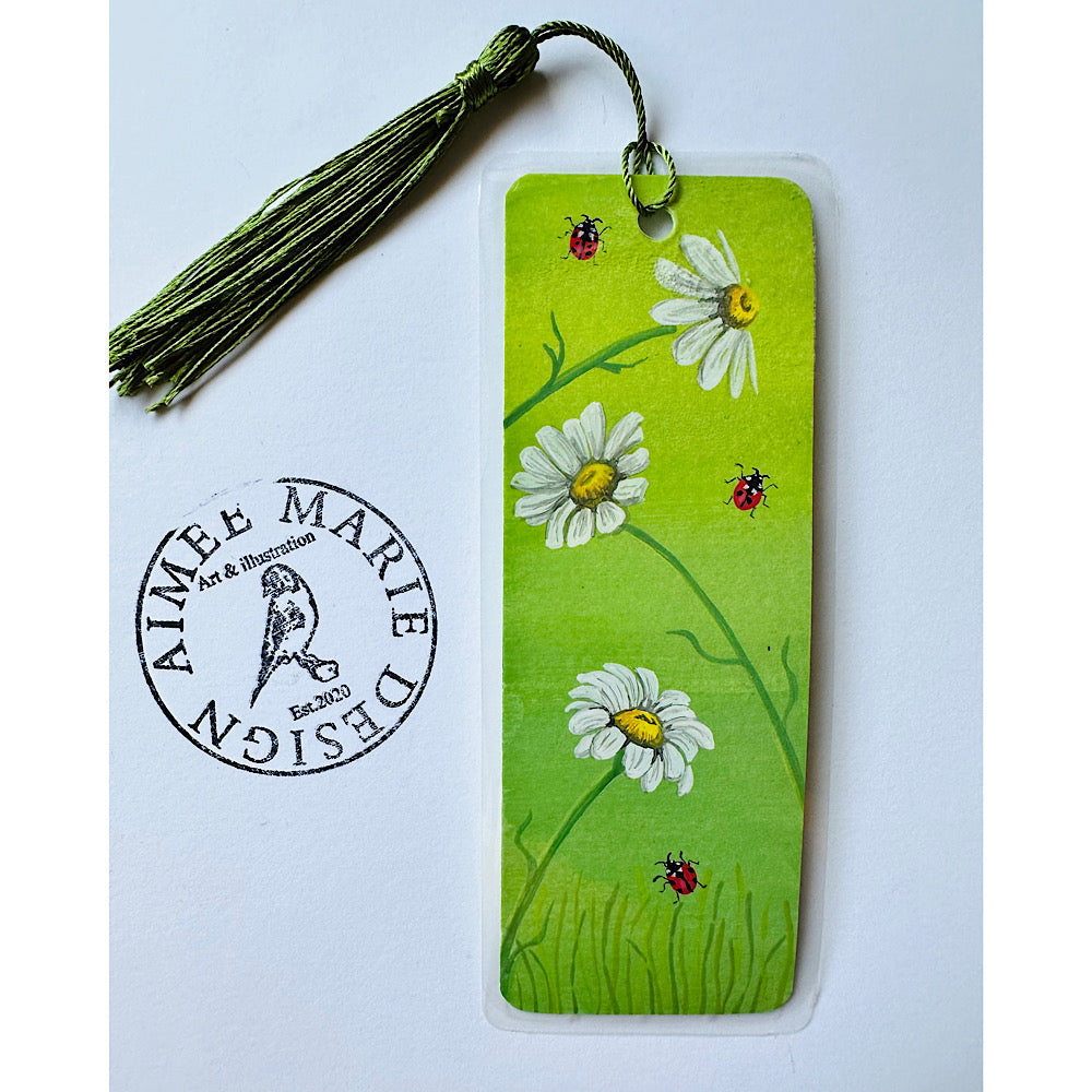 Daisy and ladybird hand painted bookmark.