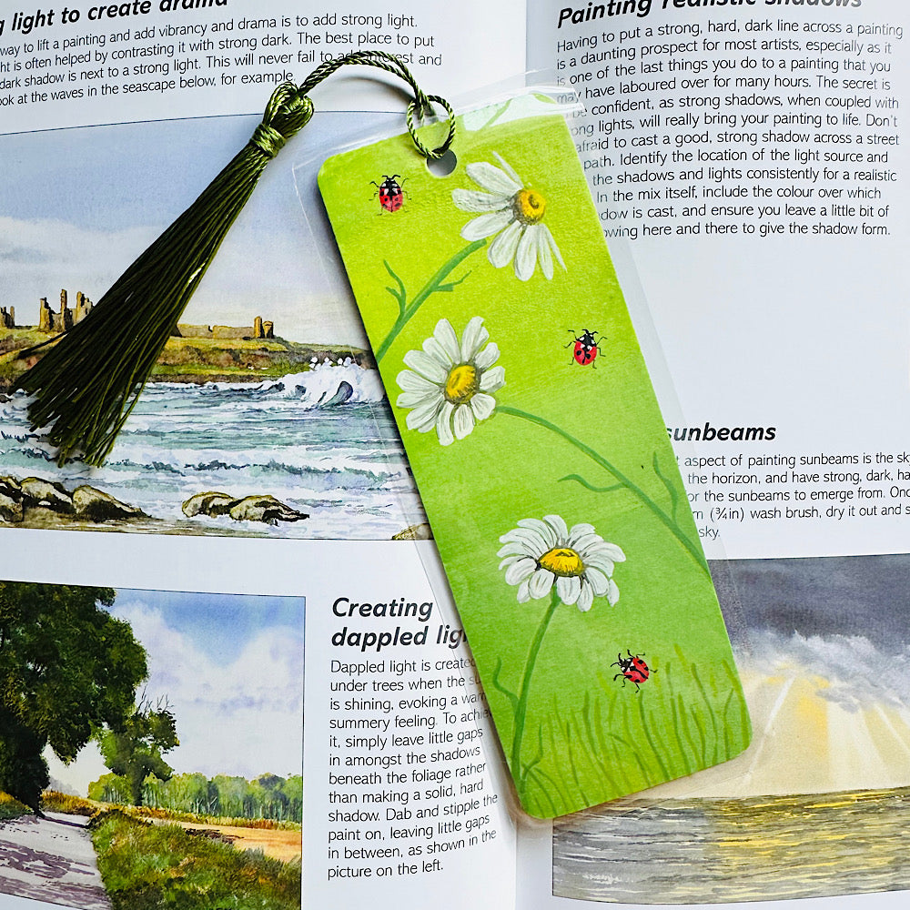 Daisy and ladybird hand painted bookmark.