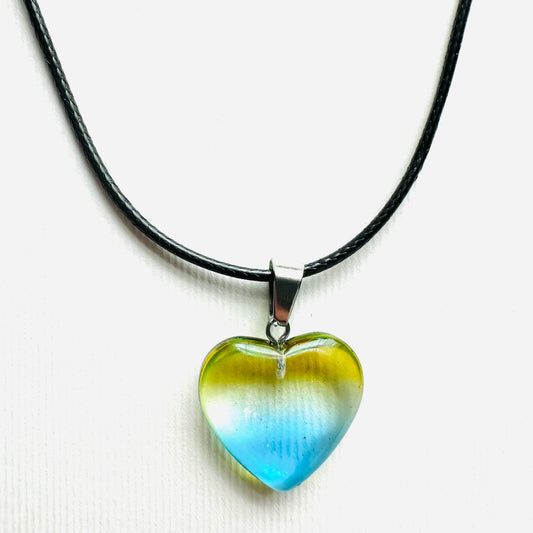 Heart necklace ( transparent blue and yellow, natural stone heart )