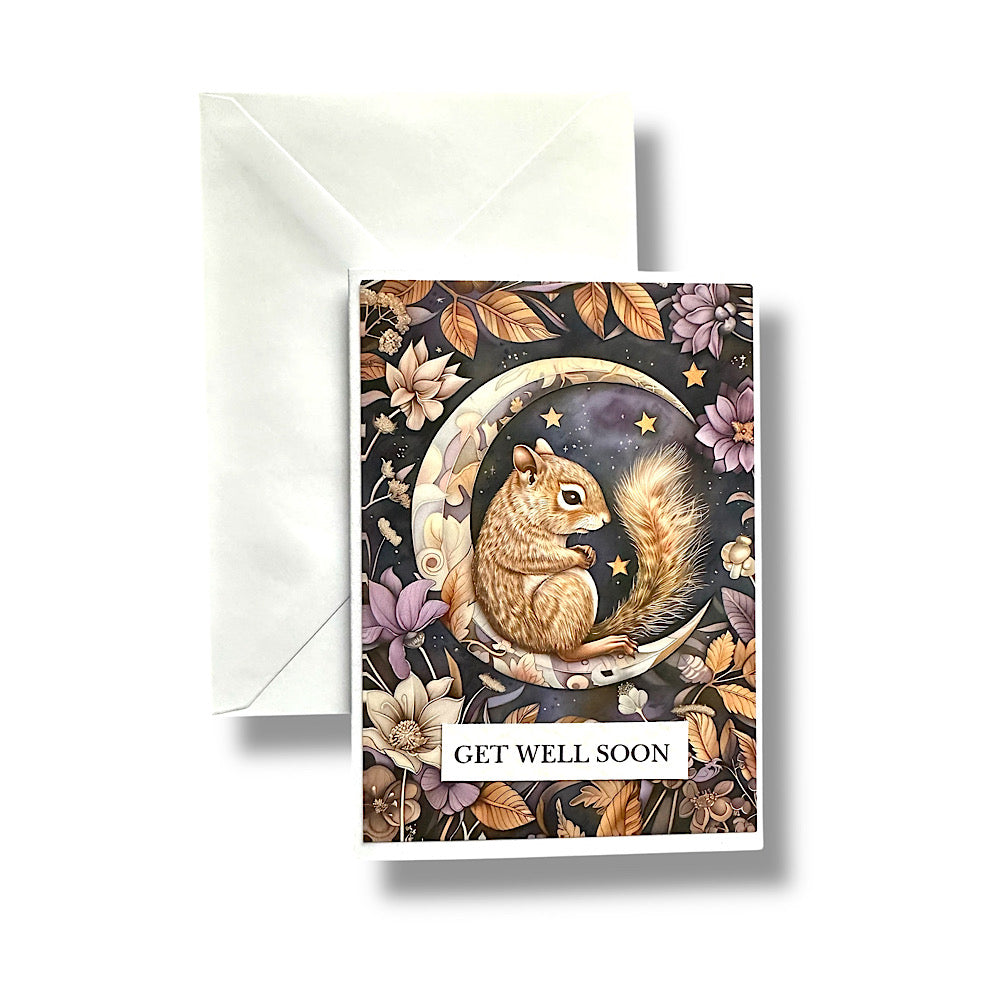 “Get well soon” greeting card featuring a squirrel and moon.