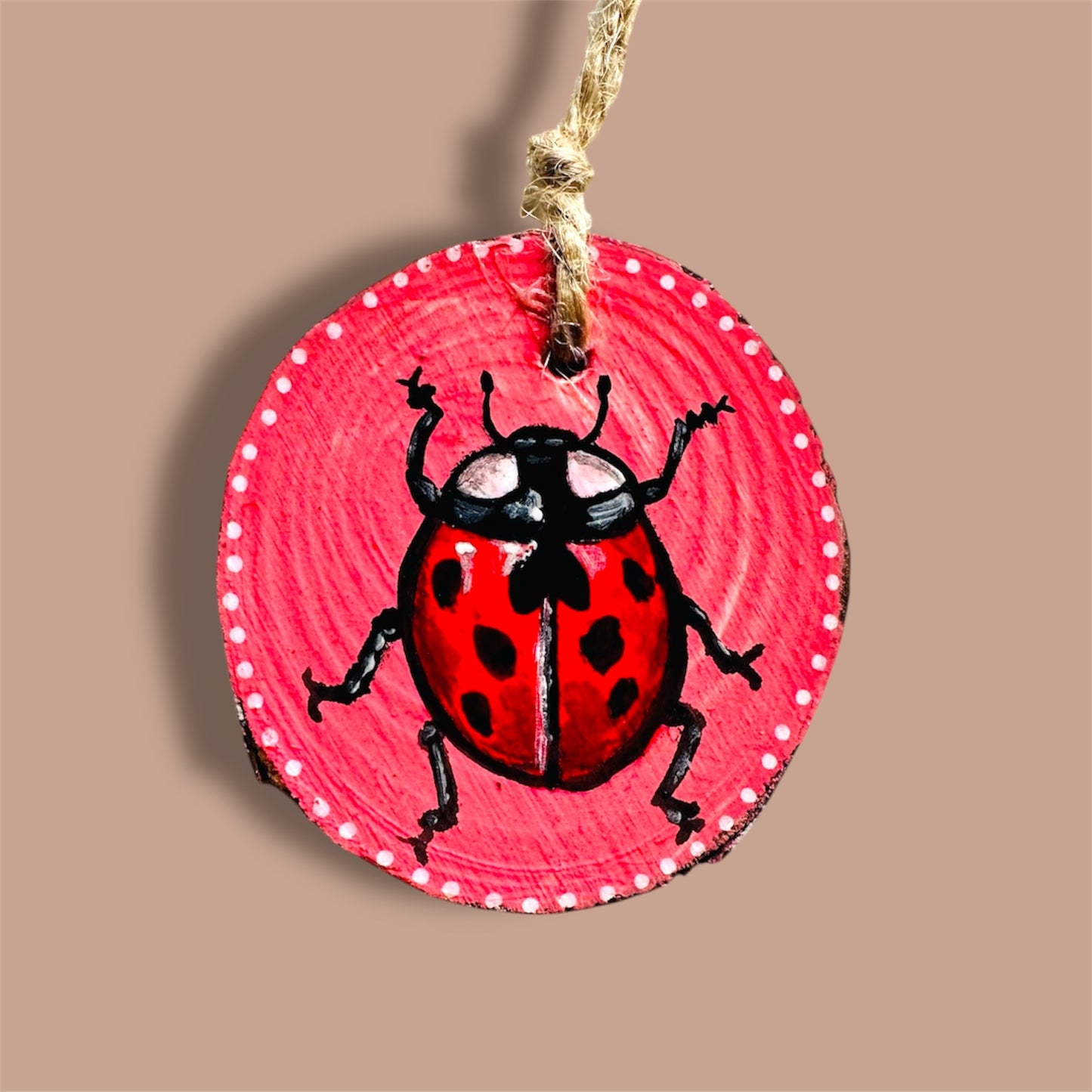 Handmade ladybird wood slice art.