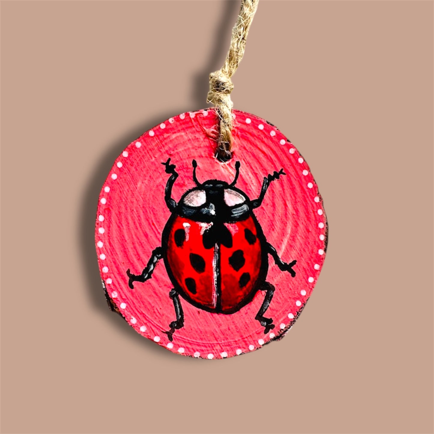 Handmade ladybird wood slice art.