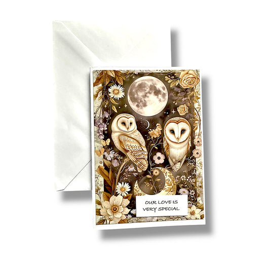 “Our love is very special” greeting card featuring owls and moon.