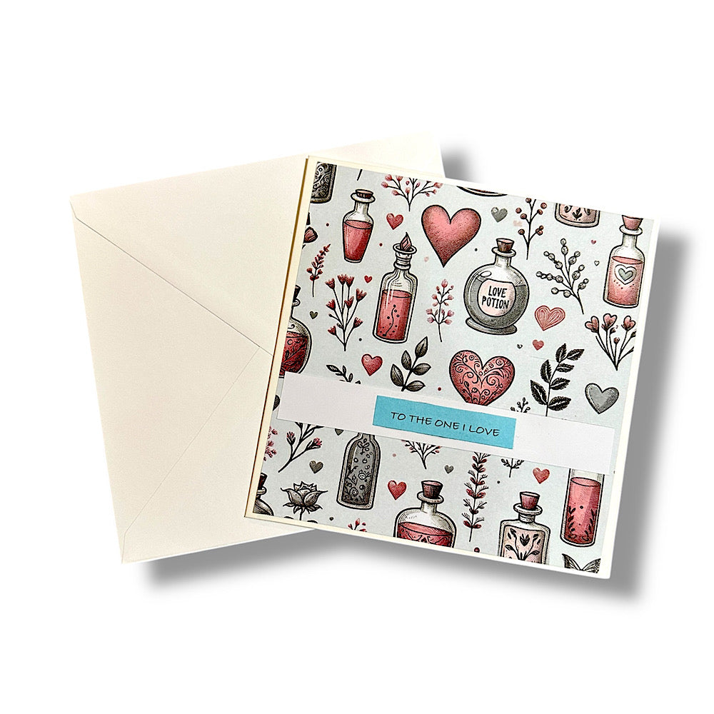 Hand crafted Valentine’s Day card. “Love potion”. Quirky design.