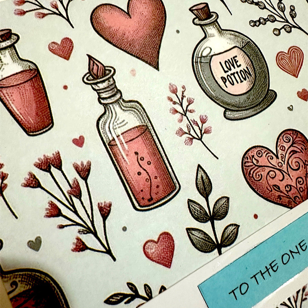 Hand crafted Valentine’s Day card. “Love potion”. Quirky design.