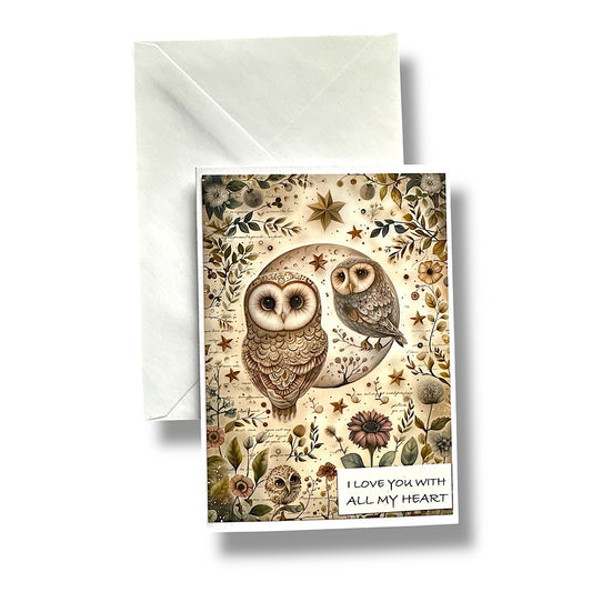 “I love you with all my heart” owl greeting card.