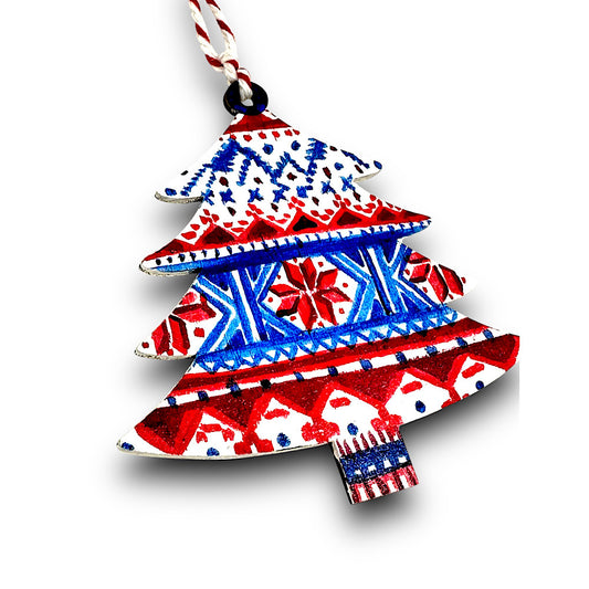 Fairisle style wooden Christmas tree decoration.